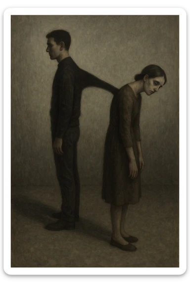 Vertical format: A man with a long shadow stretching and attaching to the back of a woman, she has a curved posture and a dull, lifeless gaze, emotional and somber atmosphere. sticker