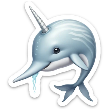 Cinematic Noble Narwhal Portrait Emoji, Poised and majestic, with a robust, streamlined body draped in mottled, silvery-gray skin, featuring a long, spiraled, ivory tusk and deep, thoughtful eyes that exude ancient oceanic wisdom, Simplified yet sharp and sophisticated features, highly detailed, glowing with a soft, ethereal arctic glow, high shine, intelligent and enigmatic, stylized with an air of mythical marine grandeur, focused and graceful, soft glowing outline, capturing the essence of a watchful and confident sea unicorn that appears ready to glide out of the screen with timeless authority! sticker