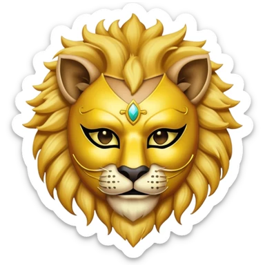a man, with a Yellow vest,  wear half-face golden Lion masquerade mask sticker