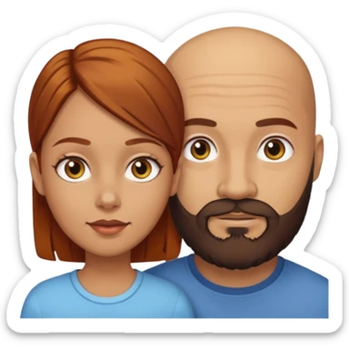 Couple. A bald man with dark brown beard and a girl with light skin. She has dark yellow brown auburn hair. Different skincolor. She has very light skin. sticker