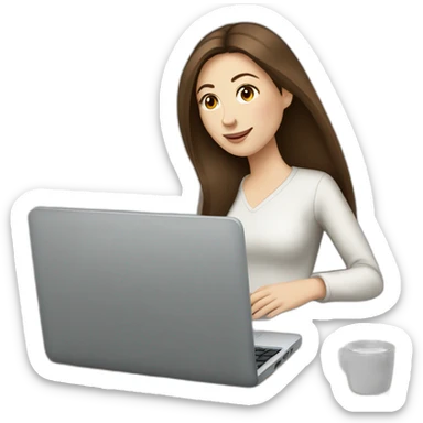 woman with long straight brown hair and pale skin using a laptop as a tray for a coffee mug sticker
