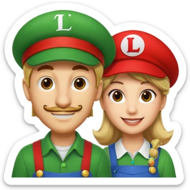 blonde female Luigi (with the Luigi green hat with an L on it) and a normal brown hair male Mario with the red hat with a M on it. They are friends just smiling sticker