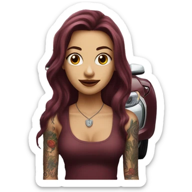 Beautiful tattooed burgundy long haired woman standing next to a car sticker