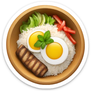 a wood bowl with rice in the middle, kebab, and salad sticker