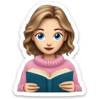 Pretty white girl with blue eyes and brown hair in pink cozy sweater reading book sticker