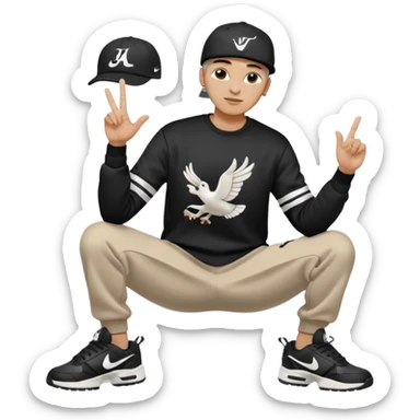 Crea Un Emoji De Cuerpo Completo Que Sea Hombre Con Corte Alucin Que Tenga Gorra Nike, Suéter Negro Que Tenga La Letras LA El La Parte Del Corazón, Zapatos Adidas Con Una Palomita✅, Pantalón Ancho O Bellaco Con Unos Diseños De Palomas Blancas Y Asiendo Una Pose Con Su Mano Que Sea Está 🤙🏽. sticker