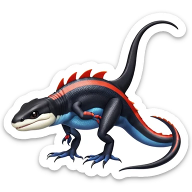 Black and white Orca-hybrid-reptile-reptilian-lizard-skink-gecko-Digimon-Fakémon-Pokémon-fusion-hybrid full body, two legs, two arms, claws, anthropomorphic, with red stripe sticker