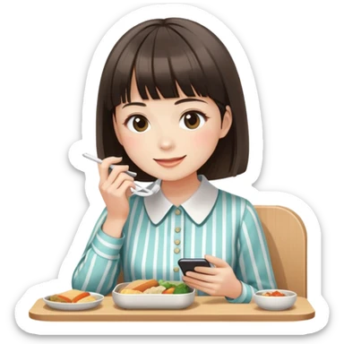 Gender: Female Hair: Blunt bangs with chin-length cut Face: Soft oval shape, closed-mouth smile Clothes: Collared striped blouse Action: Eating bento while scrolling phone sticker