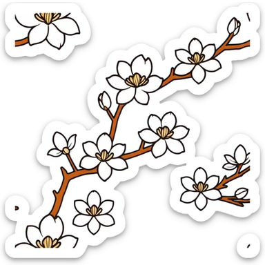 Artistic Japanese Magnolia kobus (kobushi) blossom with elegant composition reminiscent of kimono patterns, white star-shaped flowers on dark branch, gold accents, soft blue background sticker