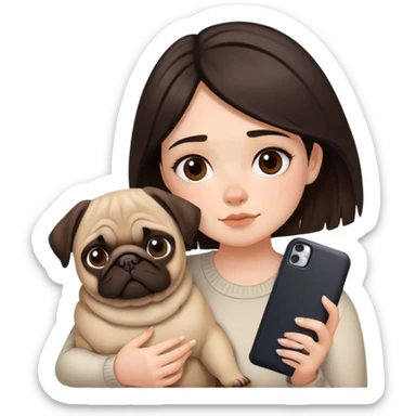 Pretty girl with dark brown casscading choppy hair frames her face as she holds her phone and her big pug lays beside her sticker