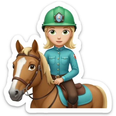 una ragazza bionda con occhi azzurri/verdi sopra un quarter horse con criniera marrone sticker