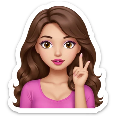 girl with long wavy brown hair, brown eyes, light to medium complexion, in a pink sexy top, pink lips, long lashes, shushing with one finger on the lips sticker