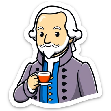Adam Smith with a scholarly appearance, beard, 18th century attire, enjoying a cup of tea sticker