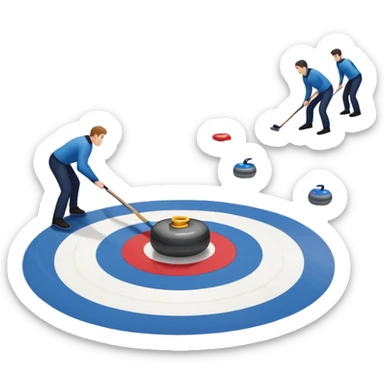 An icon showing a curling match on an indoor ice stadium, with a polished curling stone gliding toward the target and players sweeping. Spectators watch from stands, and flags hang above the rink. Transparent background highlights strategy and focus in the sport of curling. sticker