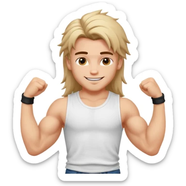 generate a pretty bratz boy with messy long mullet hair, sleeveless white tshirt, big biceps sticker