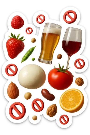 mozzarella, frutta legumi, frutta secca, birra e vino realistici fluttuano in aria con piccoli divieti 3d, IPERREALISTICO 4K sticker