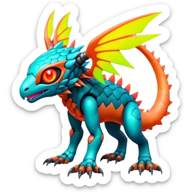 Tropical futuristic lush warm-colored modern colorful neon-colored cyber-Fakémon-Digimon-Trico-creature sticker