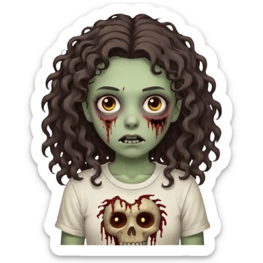 zombie girl with curly hair n brown eyes, dark and long hair 3a with wavy scalp, just a tshirt Ok but less curls and hair under te shoulder sticker