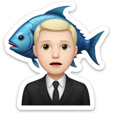 A man dressed in a black suit. His face is that of a fish — therefore, he has no human face. The fish’s face is positioned vertically, meaning its mouth is facing upward. sticker