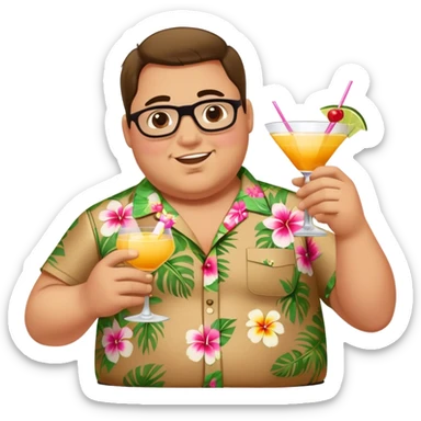 chubby guy full figure in a flowered hawai shirt holding a cocktail sticker