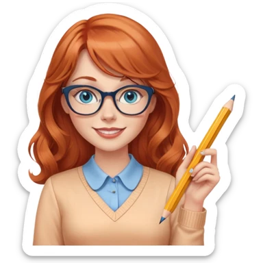 redheaded woman with long wavy hair and bangs, blue eyes, cat-eye glasses, wearing a pencil skirt and apricot blouse, holding a pencil, smiling sticker