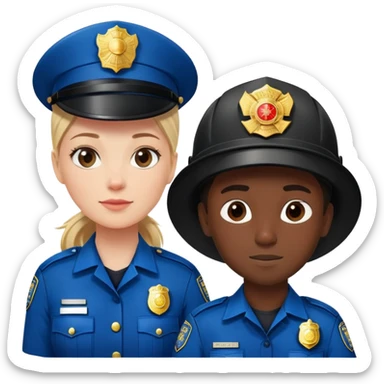 white female policeman in a blue uniform, black male fireman in a red uniform sticker