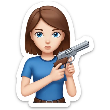 White girl with blue eyes and brown hair holding gun to the camera sticker