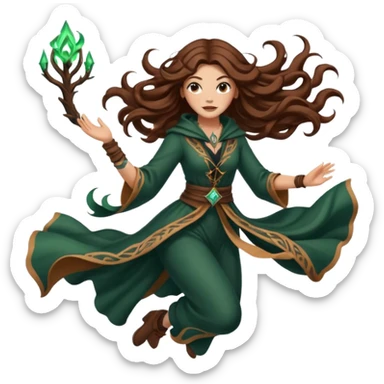 forest mage woman long wavy brown hair tattoos drawing symbol mid-air sticker