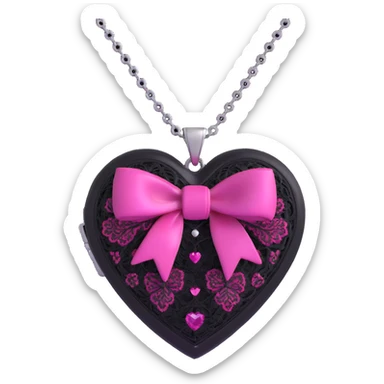 3D emoji style pink bow with gothic effect, black lace overlay, silver heart locket charm, and magenta gemstone sticker