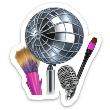 A disco ball, a microphone and art brushes lie together sticker