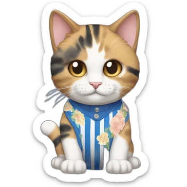 Purradise Meowscles is a buff calico anthropomorphic cat  he has a mullet, a floral designed t shirt that is unbuttoned and blue and white stripped shorts sticker