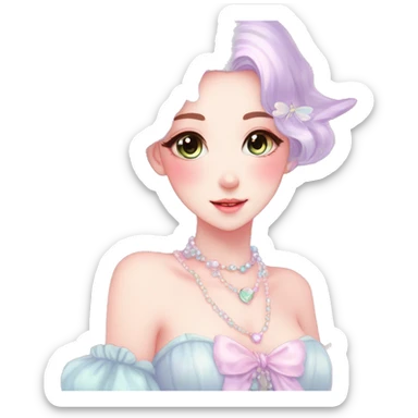Gorgeous pastel anime style lady with blushing face and fairy dress necklace cottagecore fairycore pastelcore colorful pearly romantic simplistic aesthetic trending style sticker