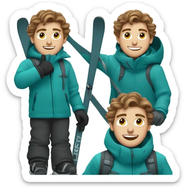 white Boy with wavy brown hair skiing on teal skis. He is wearing an all gray coat and black snow pants  sticker