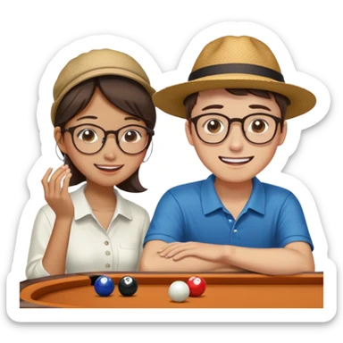 Chinese Girl without glasses and young white man with a hat and glasses brown hair playing table pool, the white man is crying because he lost, Chinese girl smiling  sticker
