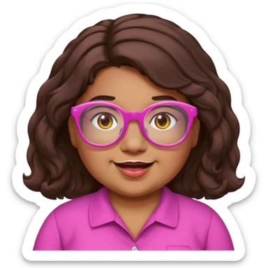 chubby English teacher, cheerful, pink glasses, wavy long dark brown hair, face only, classroom background, emoji style, hint of gamer personality sticker
