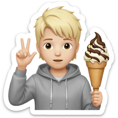 a white kid with a ice cream hairstyle blone hair with a grey hoodie and his above his hands saying 67 one 6 on 1 hand 7 on the other sticker