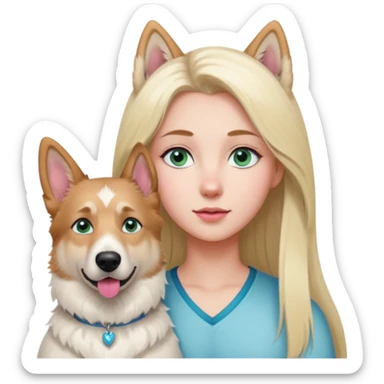 White European young woman with blue-green eyes and long blond hair with her white German Shepherd dog,the Dog hast a pink nose and short fur  ans Brown eyes sticker
