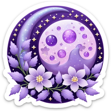 Beautiful poetic ethereal romantic aesthetic sparkly glittery shiny pretty floating pastel lilac lavender Violet moon and flowers and leaves aesthetic deco sticker