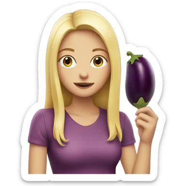 Blonde girl eating an eggplant sticker