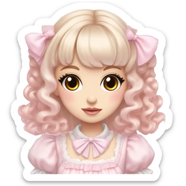 pale girl , who has curly medium length blonde and baby pink swirled hair with bangs , grey eyes , and doll like makeup , in a light pink lolita hime gyaru dress  sticker