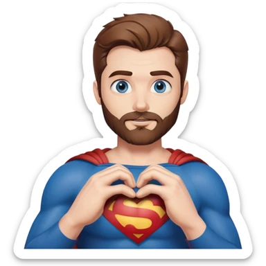 Adult Superman with blue eyes redish brownish hair and full scruffy beard making heart with his hands sticker