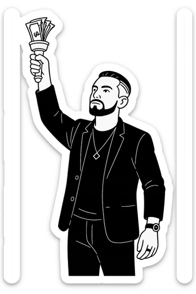 Используя такую стилистику как на картинках сгенерируй героя с фотографии, который в том же костюме стоит в позе Статуи Свободы держит в руках факел, где вместо пламя купюры, прозрачный фон sticker