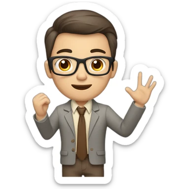 To belt Actively gesturing with hands Pale skinned fit man teacher with dark brown hair in gray jacket, beige office shirt, brown tie, brown pants and vintage glasses. sticker