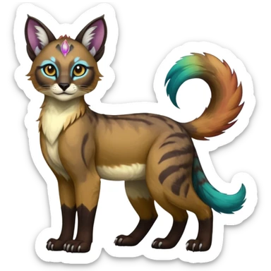 Colorful dark tropical tribal glorious iridescent divine exotic cute cool beautiful beautiful fantasy-caracal-civet-genet-sergal-vernid-Gryphon-Cacomistle-Trico-oncilla-animal-Fakémon-hybrid-fursona (full body) sticker