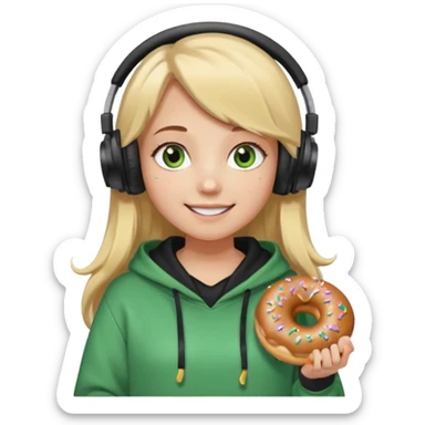 a girl with long brown hair blonde ends green and wearing black headphones she is wearing a cream coulor baggy hoddie she is happyish holding a donut sticker