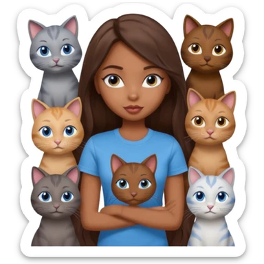 a pretty bratz dusky girl with long brown hair, blue eyes with six cats nd wearing a grey tshirt sticker
