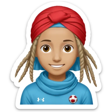 "- nam
- 17 tuổi
- Da nâu
- Tóc Dreadlock, nhuộm xanh nước biển, đội khăn xanh nước biển
- Cười mỉm, mắt to
- Mặc áo bóng đá màu đỏ sticker