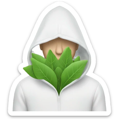 Shady white man with hood up holding a clear plastic bag with leaves sticker