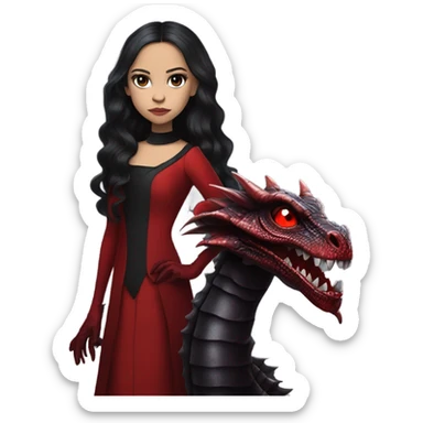 Lavish Victorian evening gown with gloves, Jenna Ortega as Addams girl Jedi wearing a mini tiara, standing next to a very large blood red evil-looking horned dragon sticker