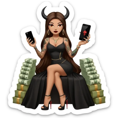 Sensual queen long brown straight haired mafia woman with black shiny platform high heels on her feet,  and black devil horns on her head, tattoos on arms , holding a stack of cash, has a phone in other hand. Sitting on a large big new model F350 pickup truck  long black dress with  slit sticker